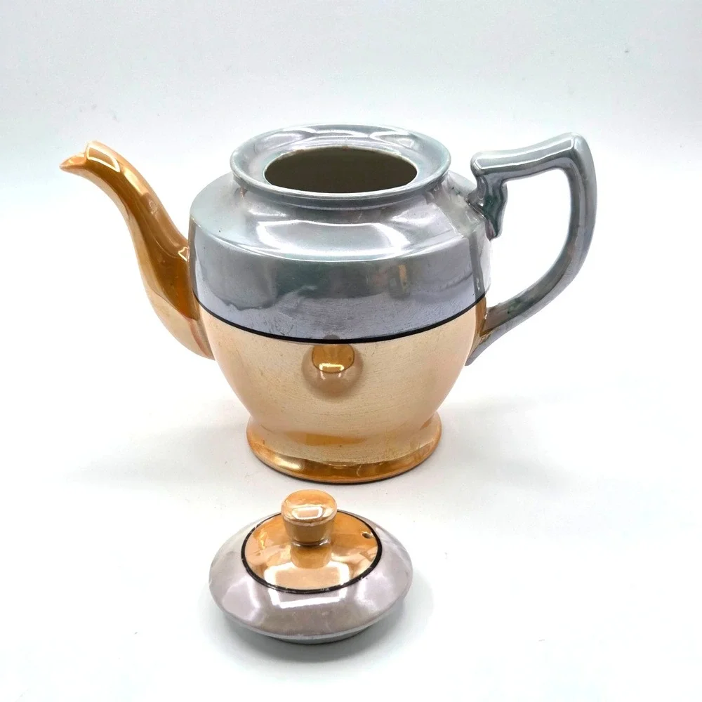 Japanese Lusterware Porcelain‎ Teapot Metallic Copper & Silver Gray Hand Painted